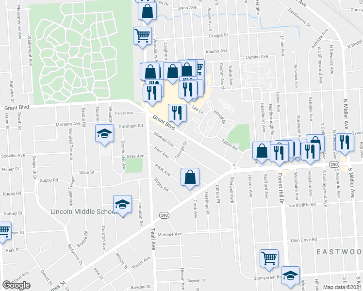 map of restaurants, bars, coffee shops, grocery stores, and more near 300 Mildred Avenue in Syracuse