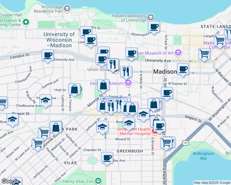 map of restaurants, bars, coffee shops, grocery stores, and more near 112 North Orchard Street in Madison