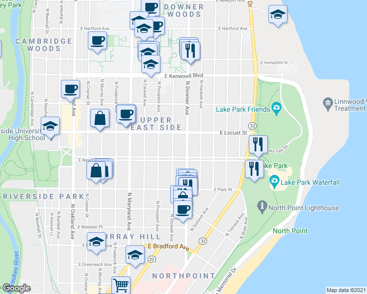 map of restaurants, bars, coffee shops, grocery stores, and more near 2825 N Downer Ave in Milwaukee