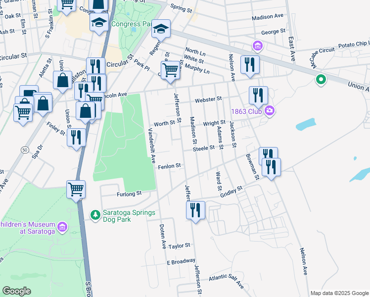 map of restaurants, bars, coffee shops, grocery stores, and more near 108 Jefferson Street in Saratoga Springs