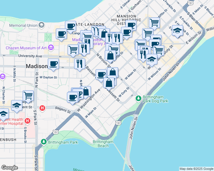 map of restaurants, bars, coffee shops, grocery stores, and more near 451 West Washington Avenue in Madison