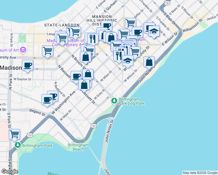 map of restaurants, bars, coffee shops, grocery stores, and more near 339 West Doty Street in Madison