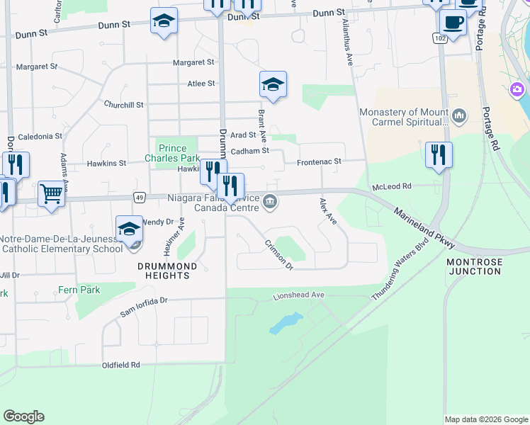 map of restaurants, bars, coffee shops, grocery stores, and more near 6080 McLeod Road in Niagara Falls