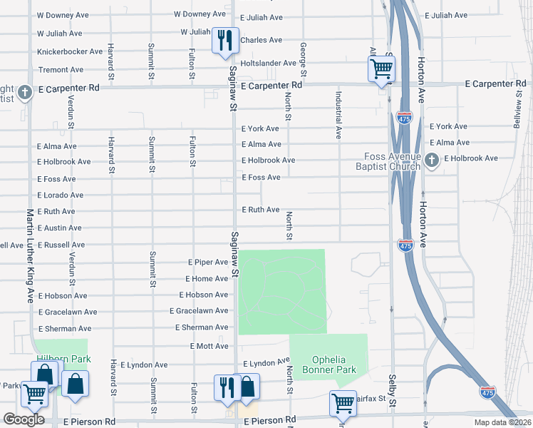 map of restaurants, bars, coffee shops, grocery stores, and more near 738 East Austin Avenue in Flint