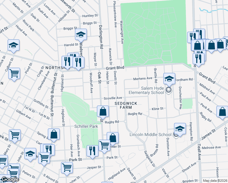map of restaurants, bars, coffee shops, grocery stores, and more near 821 Dewitt Street in Syracuse
