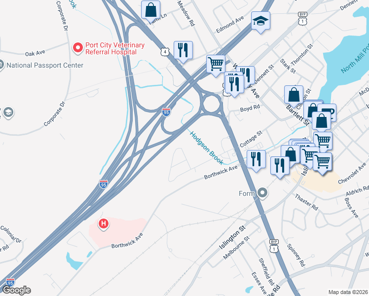 map of restaurants, bars, coffee shops, grocery stores, and more near 11 Coakley Road in Portsmouth