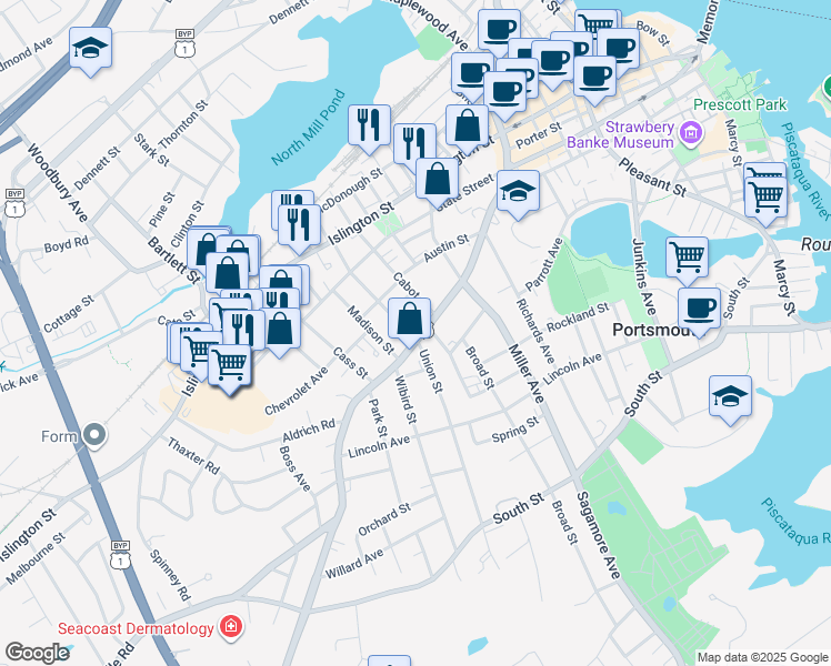map of restaurants, bars, coffee shops, grocery stores, and more near 286 Union Street in Portsmouth