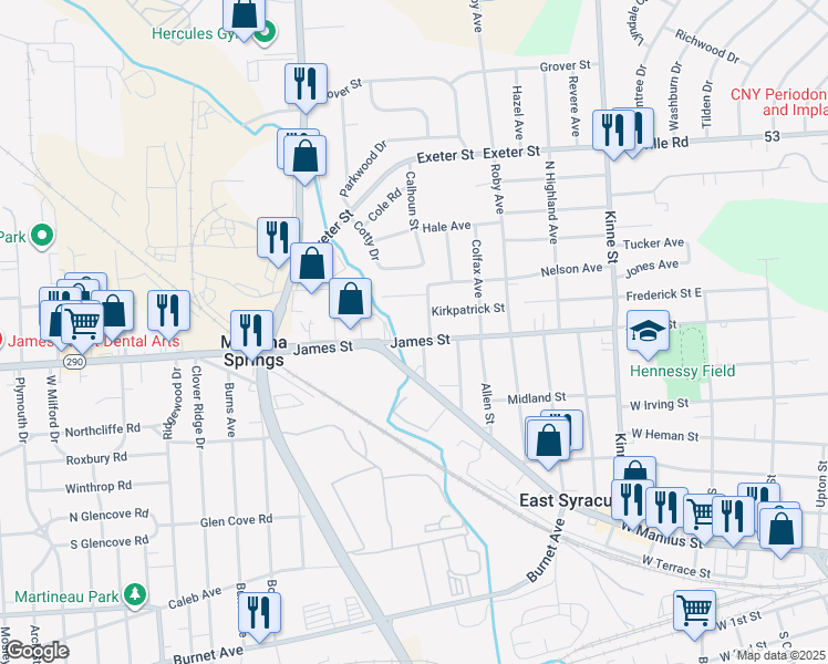 map of restaurants, bars, coffee shops, grocery stores, and more near 4508 James Street in East Syracuse