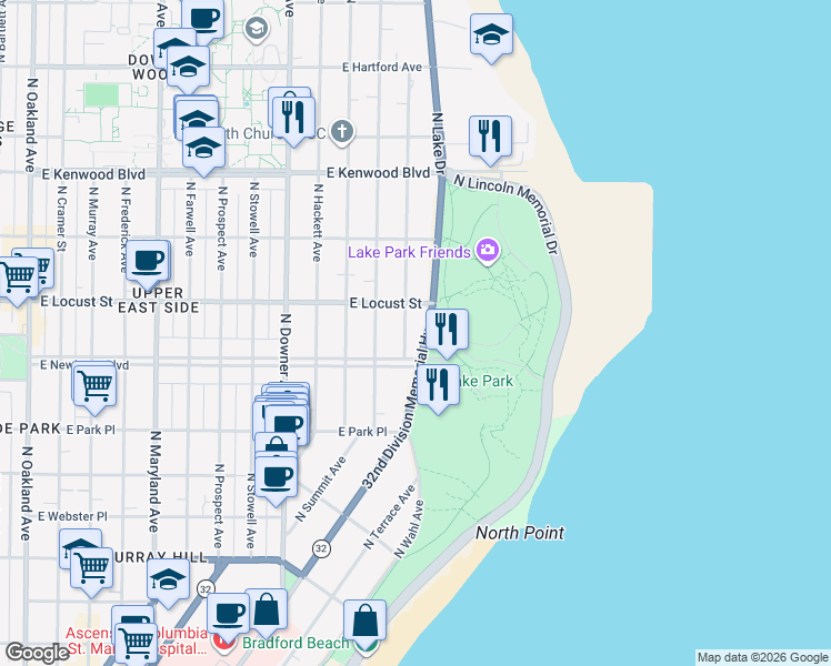 map of restaurants, bars, coffee shops, grocery stores, and more near 3000 East Newberry Boulevard in Milwaukee