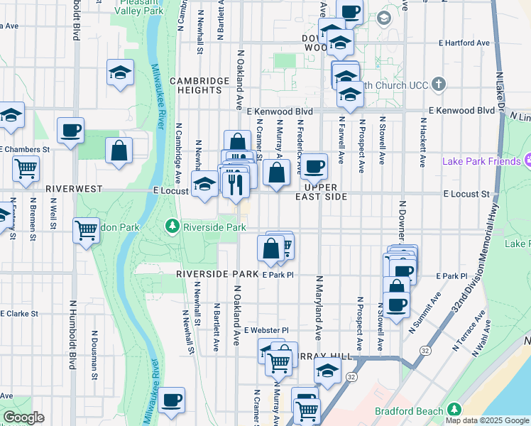 map of restaurants, bars, coffee shops, grocery stores, and more near in Milwaukee