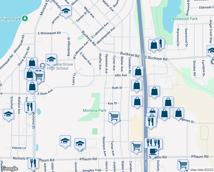 map of restaurants, bars, coffee shops, grocery stores, and more near 4904 Turner Avenue in Madison