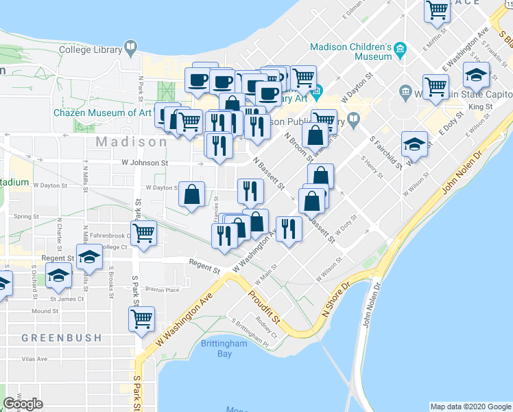 map of restaurants, bars, coffee shops, grocery stores, and more near 640 West Mifflin Street in Madison