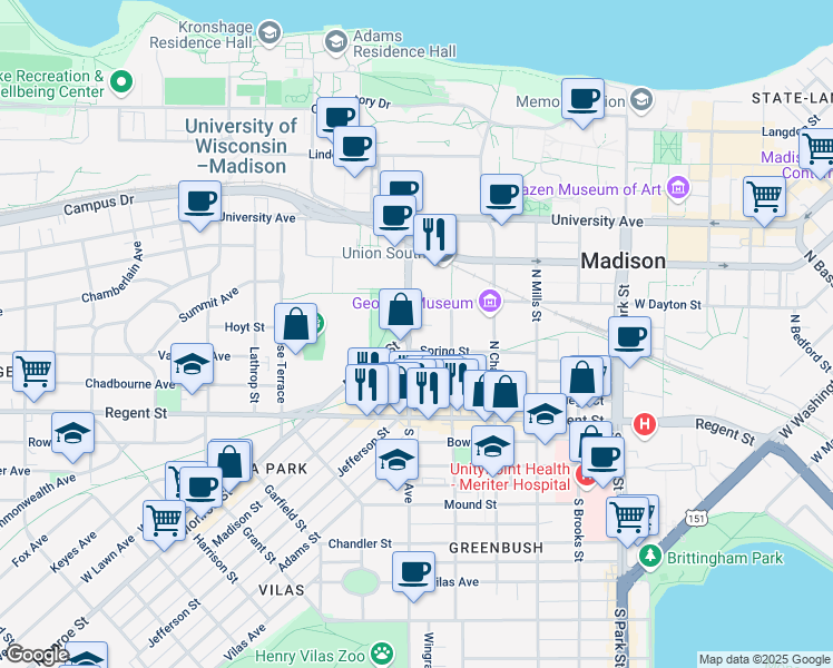 map of restaurants, bars, coffee shops, grocery stores, and more near 77-91 North Randall Avenue in Madison