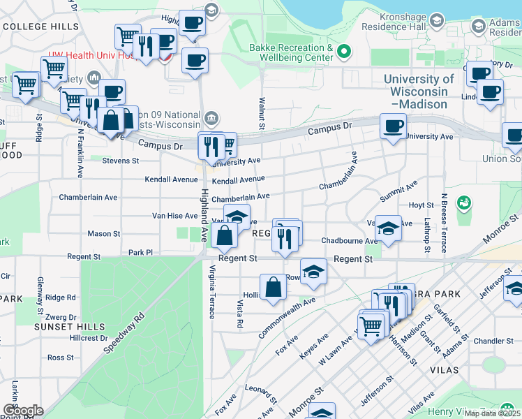 map of restaurants, bars, coffee shops, grocery stores, and more near 39 Ash Street in Madison