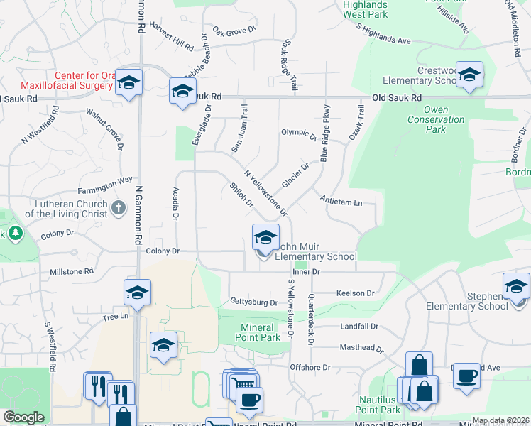 map of restaurants, bars, coffee shops, grocery stores, and more near 110 Shiloh Drive in Madison