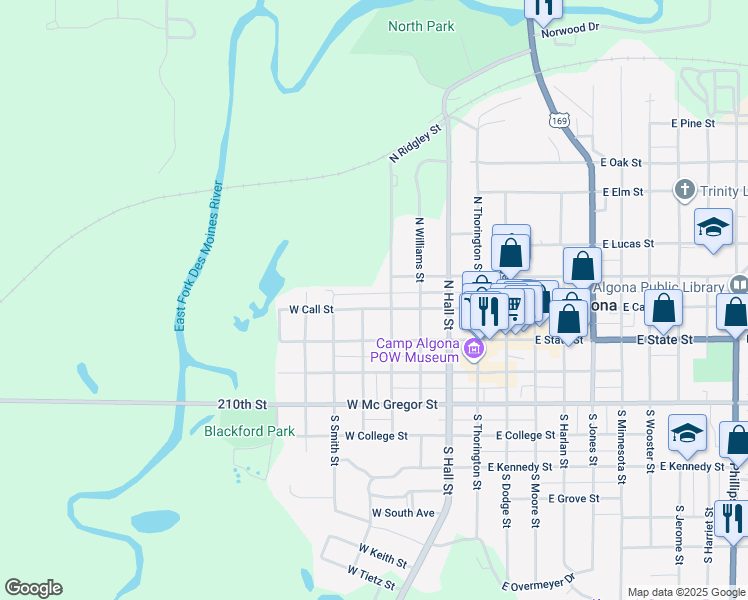 map of restaurants, bars, coffee shops, grocery stores, and more near 115 North Ridgley Street in Algona