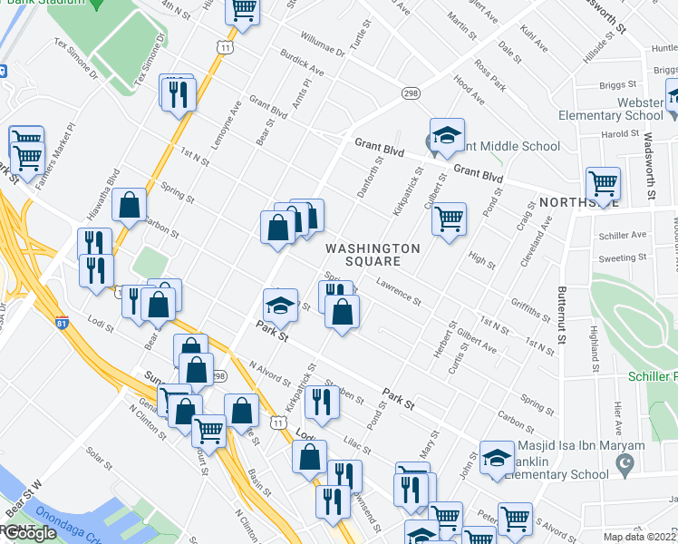 map of restaurants, bars, coffee shops, grocery stores, and more near 1014 Spring Street in Syracuse