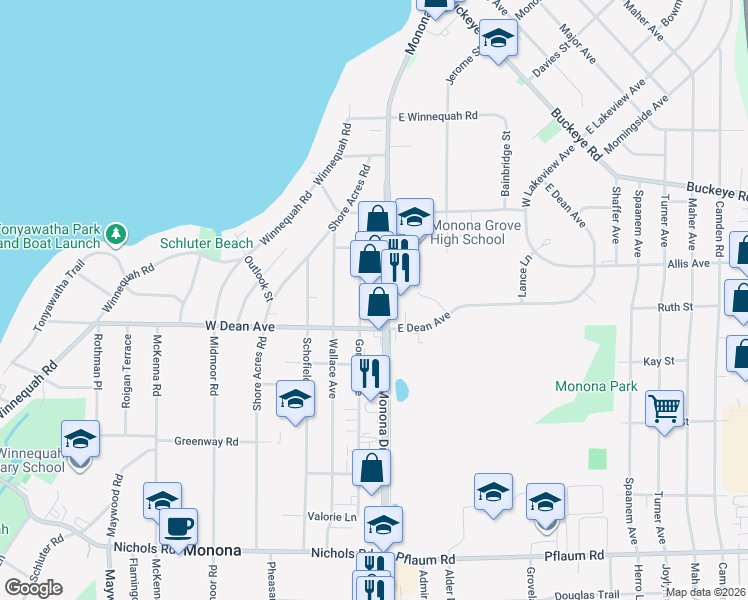 map of restaurants, bars, coffee shops, grocery stores, and more near 4613 Monona Drive in Monona