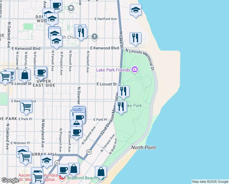 map of restaurants, bars, coffee shops, grocery stores, and more near 3000 East Newberry Boulevard in Milwaukee