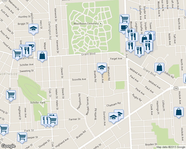map of restaurants, bars, coffee shops, grocery stores, and more near 457 Brattle Road in Syracuse