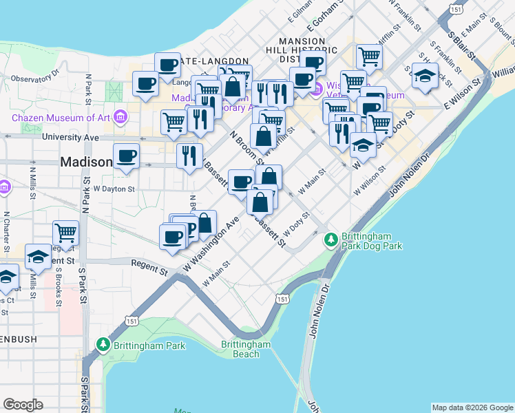 map of restaurants, bars, coffee shops, grocery stores, and more near 447 West Washington Avenue in Madison