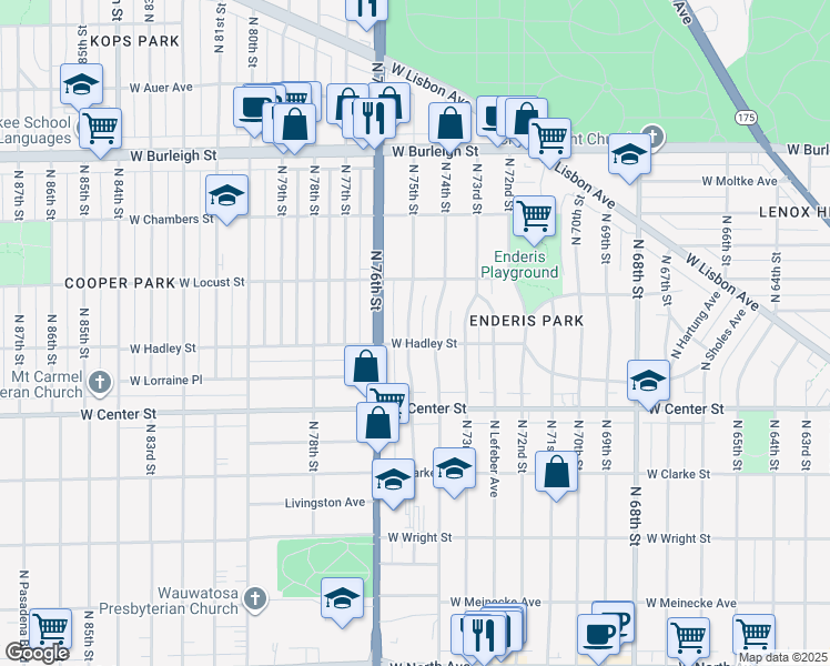 map of restaurants, bars, coffee shops, grocery stores, and more near 2810 North 75th Street in Milwaukee