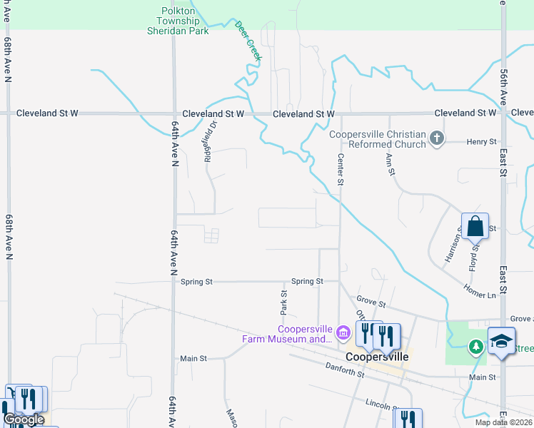map of restaurants, bars, coffee shops, grocery stores, and more near 564 Sunset Street in Coopersville