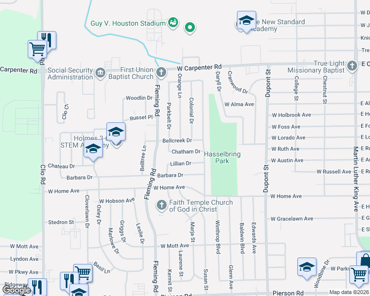 map of restaurants, bars, coffee shops, grocery stores, and more near 1306 Lillian Drive in Flint