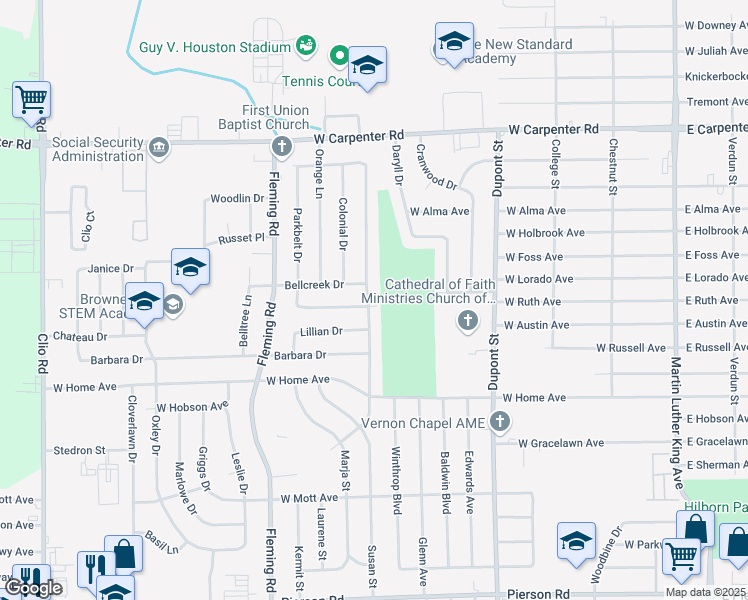 map of restaurants, bars, coffee shops, grocery stores, and more near 6502 Sally Court in Flint