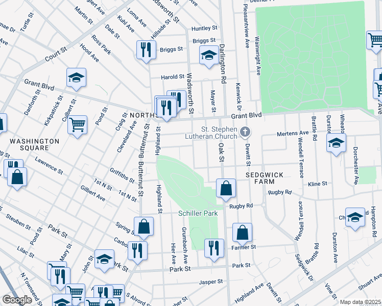 map of restaurants, bars, coffee shops, grocery stores, and more near 135 Wadsworth Street in Syracuse