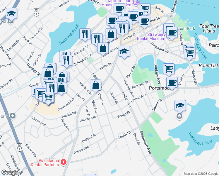 map of restaurants, bars, coffee shops, grocery stores, and more near 100 Merrimac Street in Portsmouth