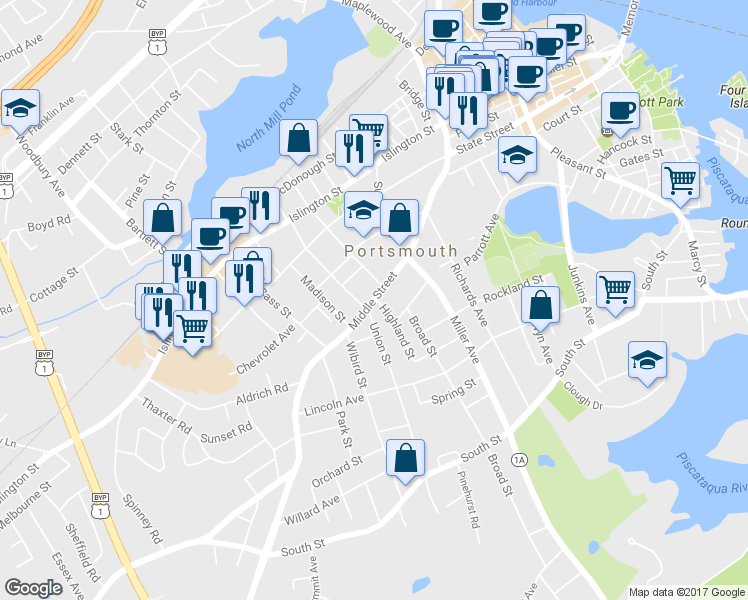 map of restaurants, bars, coffee shops, grocery stores, and more near 286 Union Street in Portsmouth