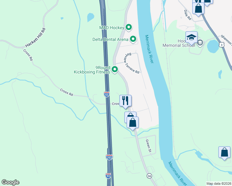 map of restaurants, bars, coffee shops, grocery stores, and more near 5 Cross Road in Hooksett