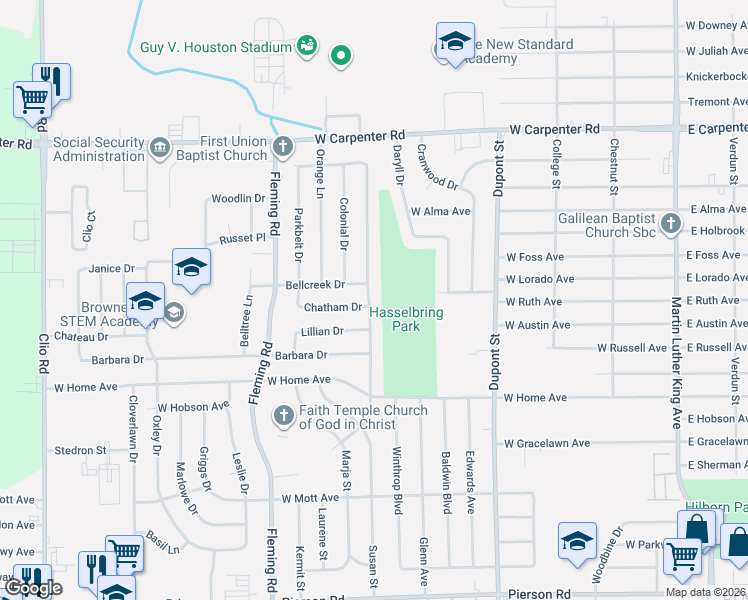 map of restaurants, bars, coffee shops, grocery stores, and more near 6301 Sally Court in Flint