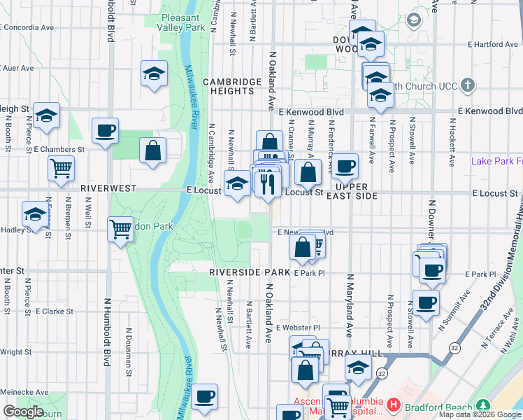 map of restaurants, bars, coffee shops, grocery stores, and more near 1804 East Newberry Boulevard in Milwaukee