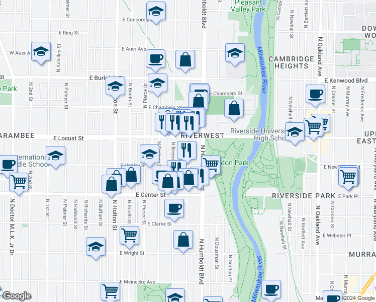 map of restaurants, bars, coffee shops, grocery stores, and more near 1014 East Hadley Street in Milwaukee