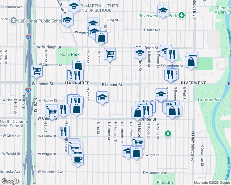 map of restaurants, bars, coffee shops, grocery stores, and more near 218 East Hadley Street in Milwaukee