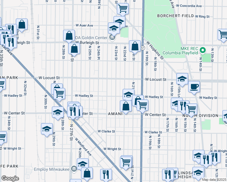 map of restaurants, bars, coffee shops, grocery stores, and more near 2776 North 24th Street in Milwaukee