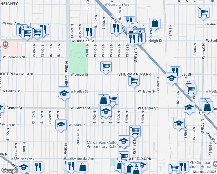 map of restaurants, bars, coffee shops, grocery stores, and more near 2773 North 38th Street in Milwaukee