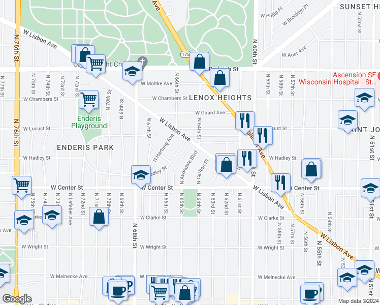 map of restaurants, bars, coffee shops, grocery stores, and more near 2775 North Avondale Boulevard in Milwaukee