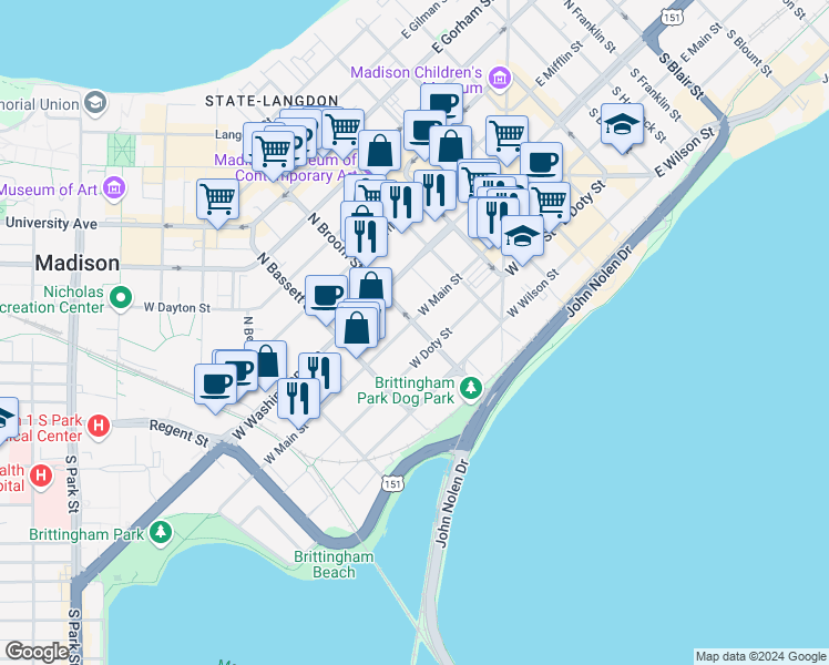map of restaurants, bars, coffee shops, grocery stores, and more near 426 West Doty Street in Madison