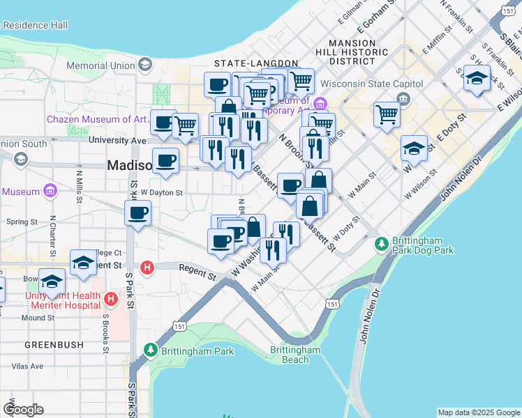 map of restaurants, bars, coffee shops, grocery stores, and more near 542 West Washington Avenue in Madison