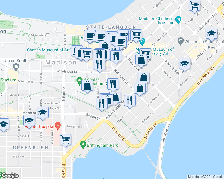 map of restaurants, bars, coffee shops, grocery stores, and more near 640 West Mifflin Street in Madison