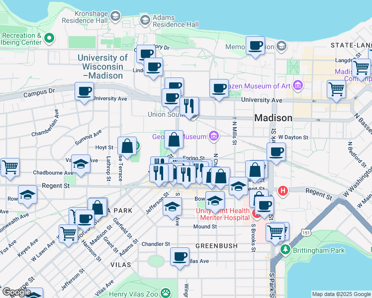 map of restaurants, bars, coffee shops, grocery stores, and more near 1419 Monroe Street in Madison