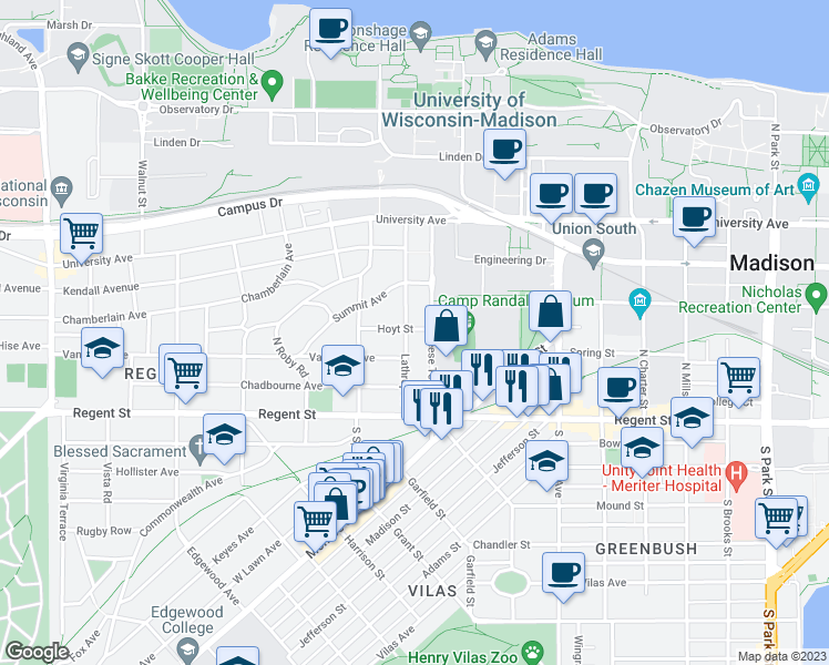 map of restaurants, bars, coffee shops, grocery stores, and more near 103 Lathrop Street in Madison