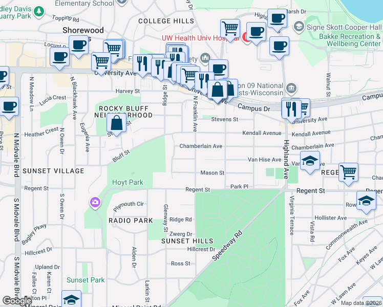 map of restaurants, bars, coffee shops, grocery stores, and more near 117 North Franklin Avenue in Madison
