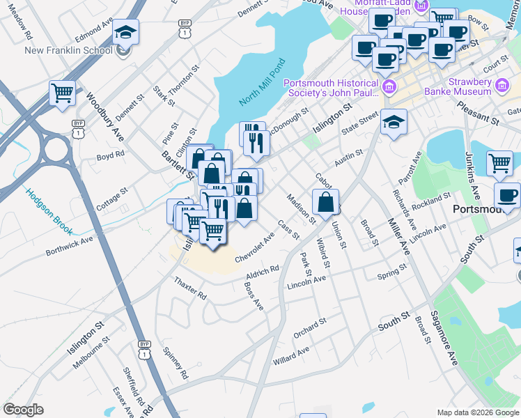 map of restaurants, bars, coffee shops, grocery stores, and more near 89 Brewery Lane in Portsmouth