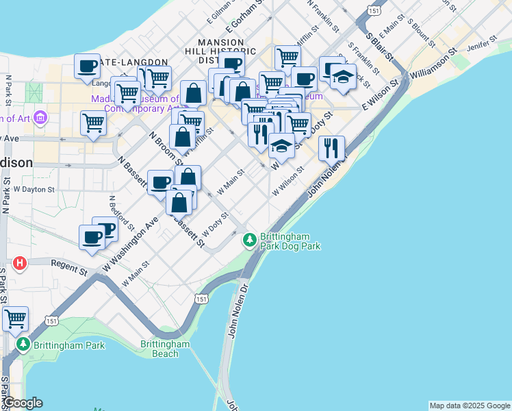 map of restaurants, bars, coffee shops, grocery stores, and more near 320 West Wilson Street in Madison