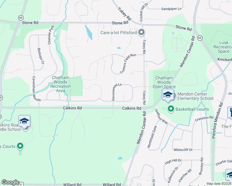 map of restaurants, bars, coffee shops, grocery stores, and more near 58 Devonwood Lane in Pittsford