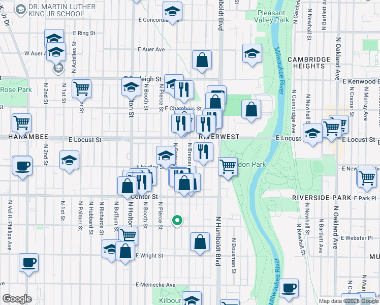 map of restaurants, bars, coffee shops, grocery stores, and more near 910 East Hadley Street in Milwaukee